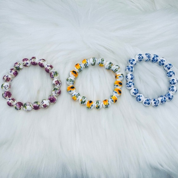 Chinese-Style Ceramic Flower Beaded Bracelet Bundle - Picture 1 of 4